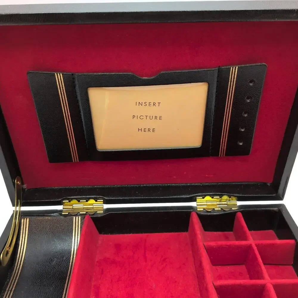 Vintage Men's Valet Accessories Jewelry Box Display Fleur De Lis Black Red Lined